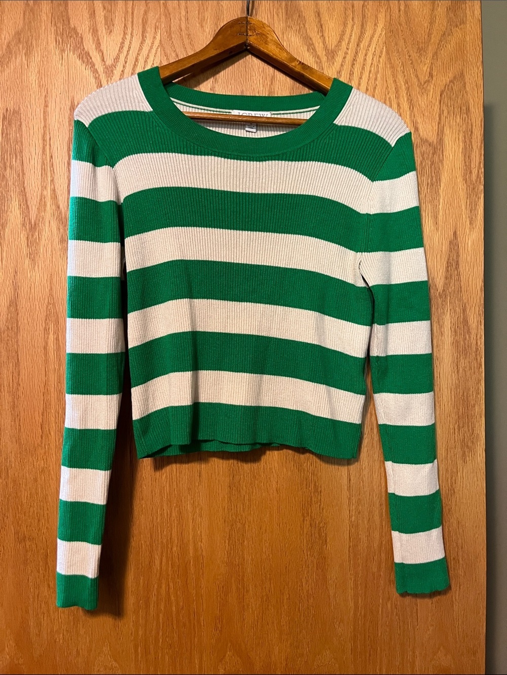 J. Crew Green and Cream Striped Ribbed Long-Sleeve Top